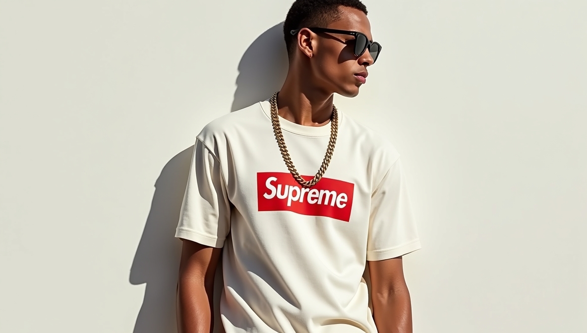 Editorial banner featuring Supreme-style streetwear